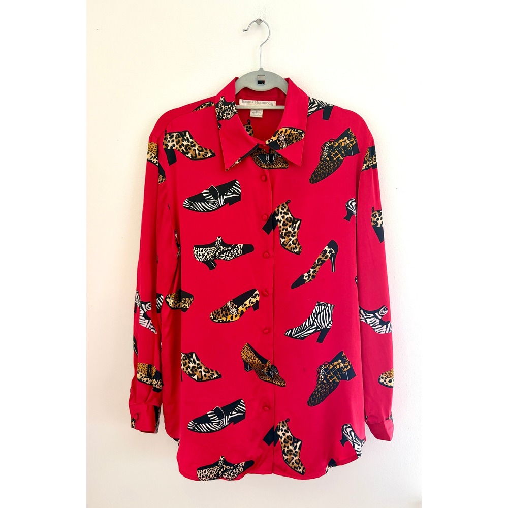 Vintage Silk 90s Novelty Shoe Print Button Blouse Animal Print 80s avant garde
